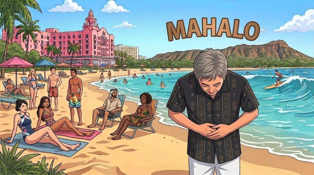 MAHALO ワイキキビーチとダイヤモンドヘッドを背景に一礼するナミッキーのイラスト